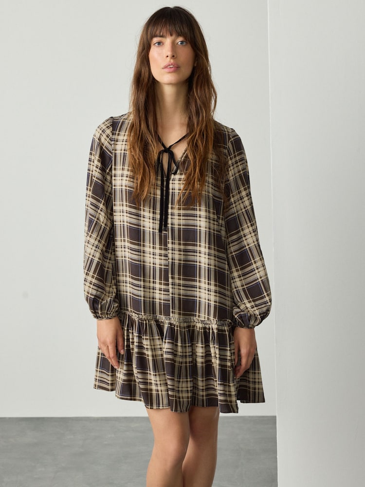 Brown Check Mini Tie Front Tiered Long Sleeve Dress - Image 1 of 9