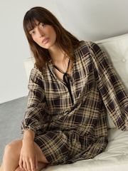 Brown Check Mini Tie Front Tiered Long Sleeve Dress - Image 4 of 9