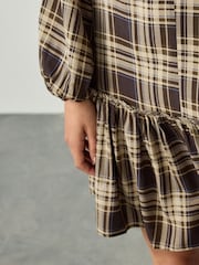 Brown Check Mini Tie Front Tiered Long Sleeve Dress - Image 5 of 9