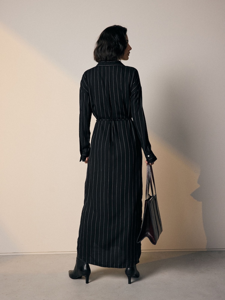 Black & White Pinstripe Long Sleeve Tie Waist Shirt Dress - Image 2 of 8