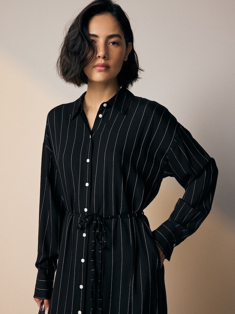 Buy Black Pinstripe Long Sleeve Tie Waist Shirt Dress from Next USA
