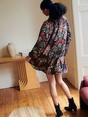 Black & Red Floral Print Mini Tie Front Tiered Long Sleeve Dress - Image 3 of 7