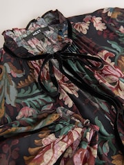 Black & Red Floral Print Mini Tie Front Tiered Long Sleeve Dress - Image 6 of 7
