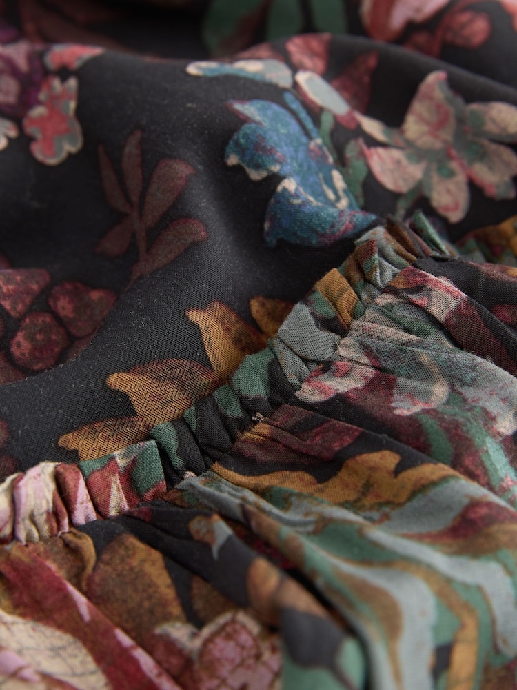 Black & Red Floral Print Mini Tie Front Tiered Long Sleeve Dress - Image 7 of 7