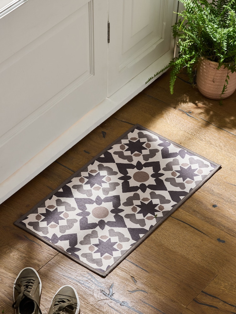 Set of 2 Chocolate Brown Washable Geometric Tile Doormats - Image 1 of 5