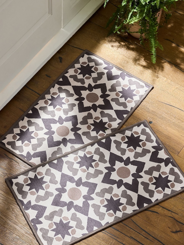Set of 2 Chocolate Brown Washable Geometric Tile Doormats - Image 2 of 5