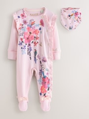 Baker by Ted Baker Pink Frill Detail Sleepsuit and Bib Set 2 Piece - Image 1 of 12