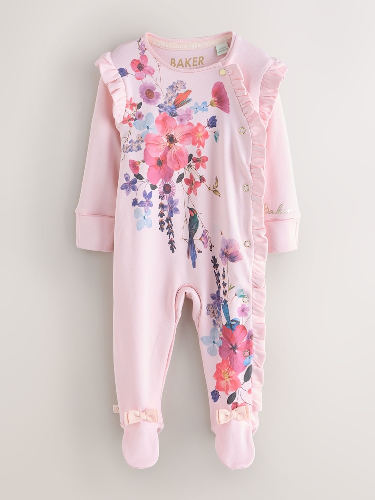 Baker by Ted Baker Pink Frill Detail Sleepsuit and Bib Set 2 Piece - Image 2 of 12