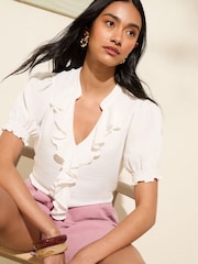 Friends Like These White Short Puff Sleeve Ruffle Blouse - Image 1 of 4