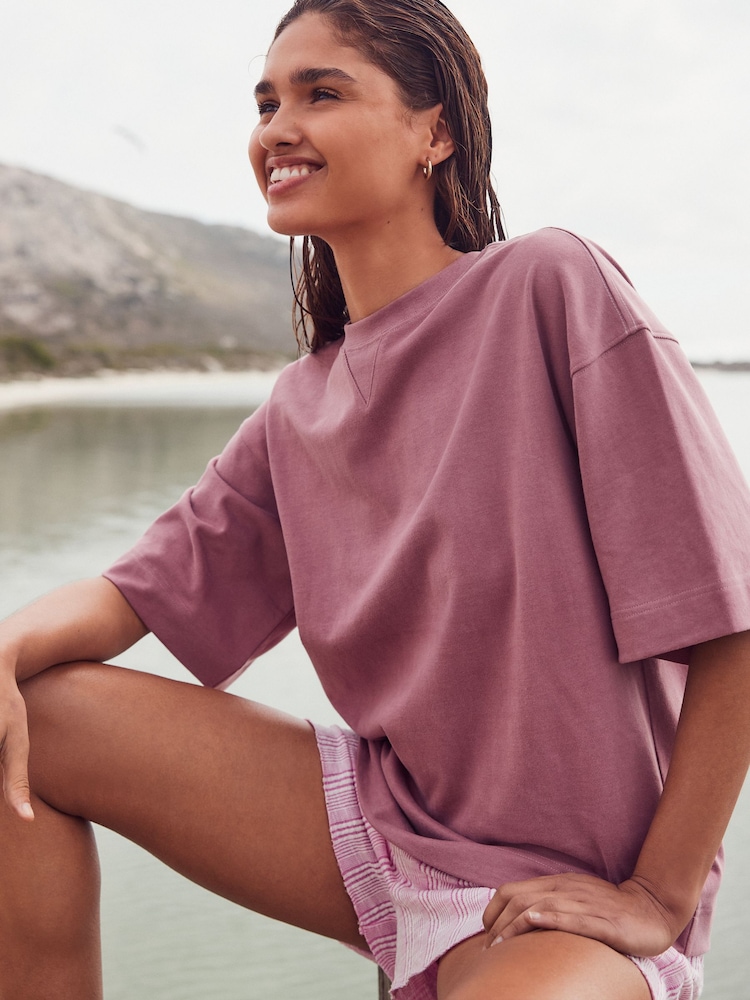 Blush Pink Oversized 100% Cotton Short Sleeve Soft Touch Peached Feel Heavyweight T-Shirt - Image 1 of 8
