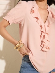 Friends Like These Pink Short Puff Sleeve Ruffle Blouse - Image 3 of 5