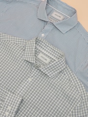 Joules 2 Pack Green Check /Blue Stripe Lightweight Cotton Shirts Classic Fit - Image 1 of 9