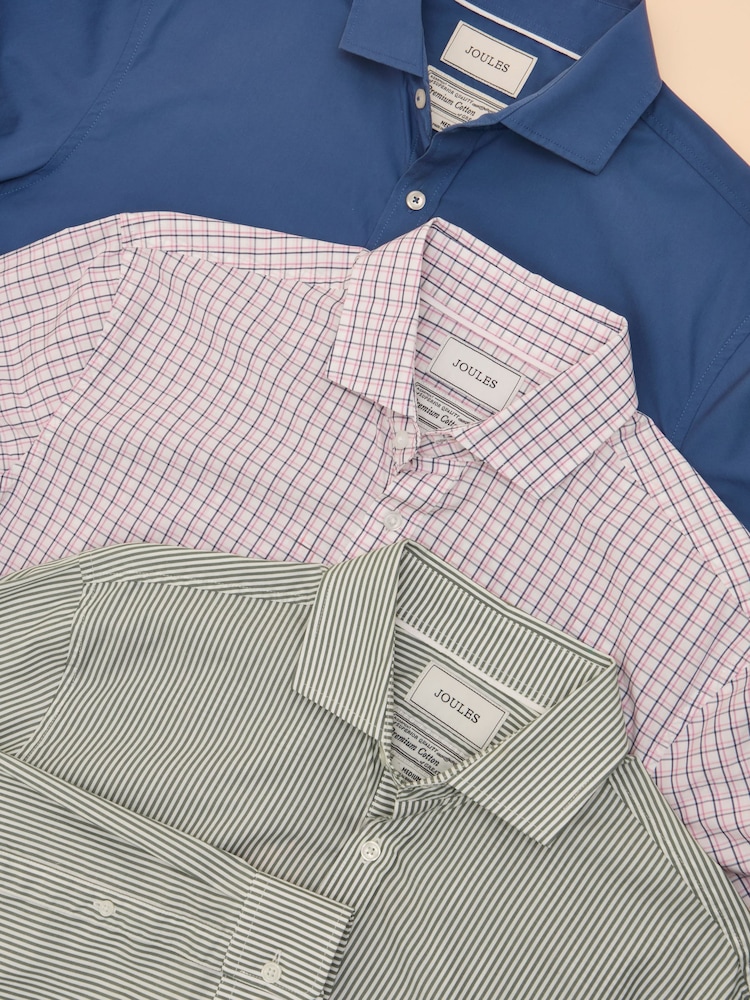 Joules 3 Pack Blue/ Pink Check / Green Stripe Lightweight Cotton Shirts Classic Fit - Image 1 of 13