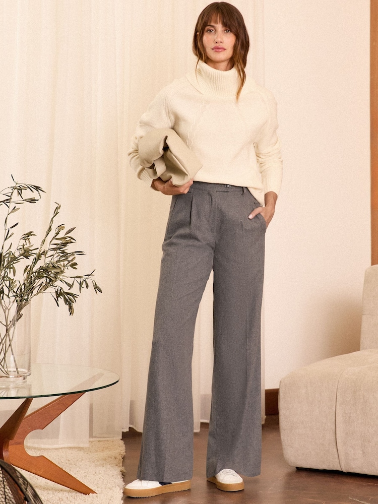 Love & Roses Grey Premium Brushed Flannel Wide Leg Trousers with Wool - Image 2 of 4