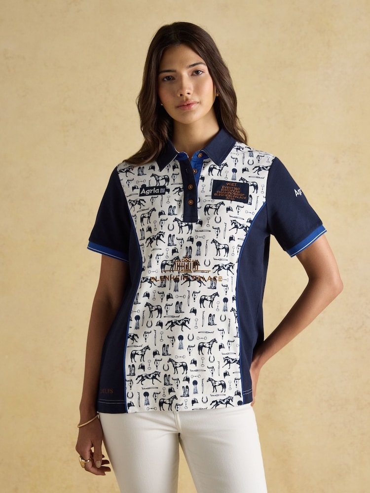 Official Blenhiem Cream/Navy European Championship Horse Print Pique Polo Shirt - Image 1 of 9