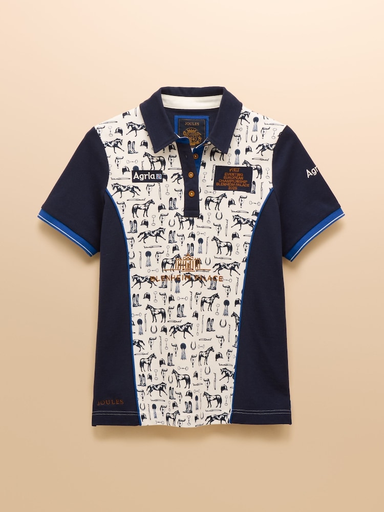 Official Blenhiem Cream/Navy European Championship Horse Print Pique Polo Shirt - Image 9 of 9