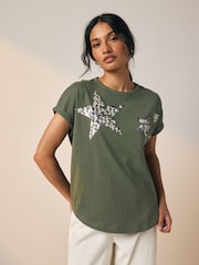 Khaki Green Sparkle Sequin Star 100% Cotton T-Shirt - Image 1 of 7