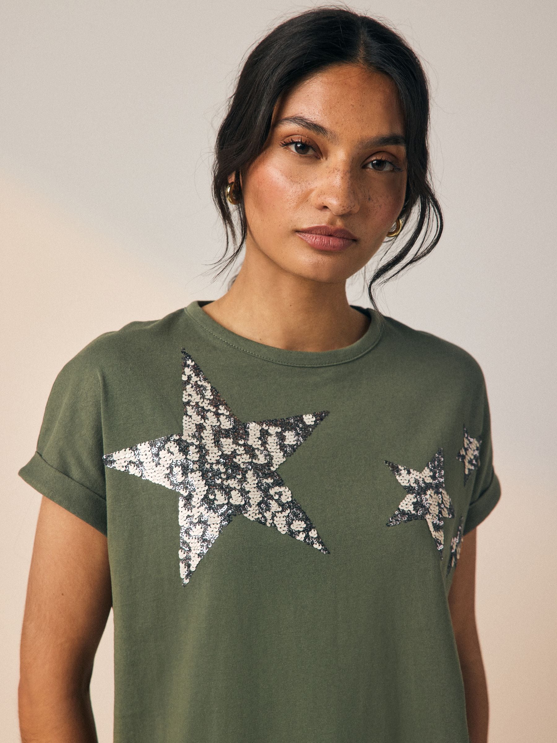 Buy Khaki Green Sparkle Sequin Star 100% Cotton T-Shirt from