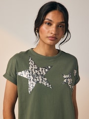 Khaki Green Sparkle Sequin Star 100% Cotton T-Shirt - Image 3 of 7