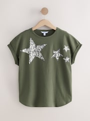 Khaki Green Sparkle Sequin Star 100% Cotton T-Shirt - Image 5 of 7