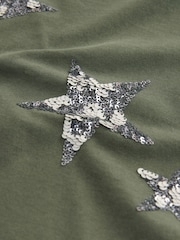 Khaki Green Sparkle Sequin Star 100% Cotton T-Shirt - Image 6 of 7