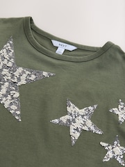 Khaki Green Sparkle Sequin Star 100% Cotton T-Shirt - Image 7 of 7