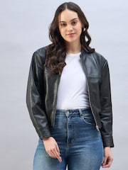 Urban Code Black Leather Bomber Jacket With Whipstitching - Image 1 of 7