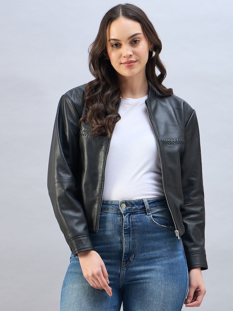 Urban Code Black Leather Bomber Jacket With Whipstitching - Image 1 of 7