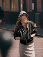 Urban Code Black Leather Bomber Jacket With Whipstitching - Image 2 of 7