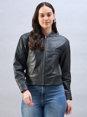 Urban Code Black Leather Bomber Jacket With Whipstitching - Image 3 of 7
