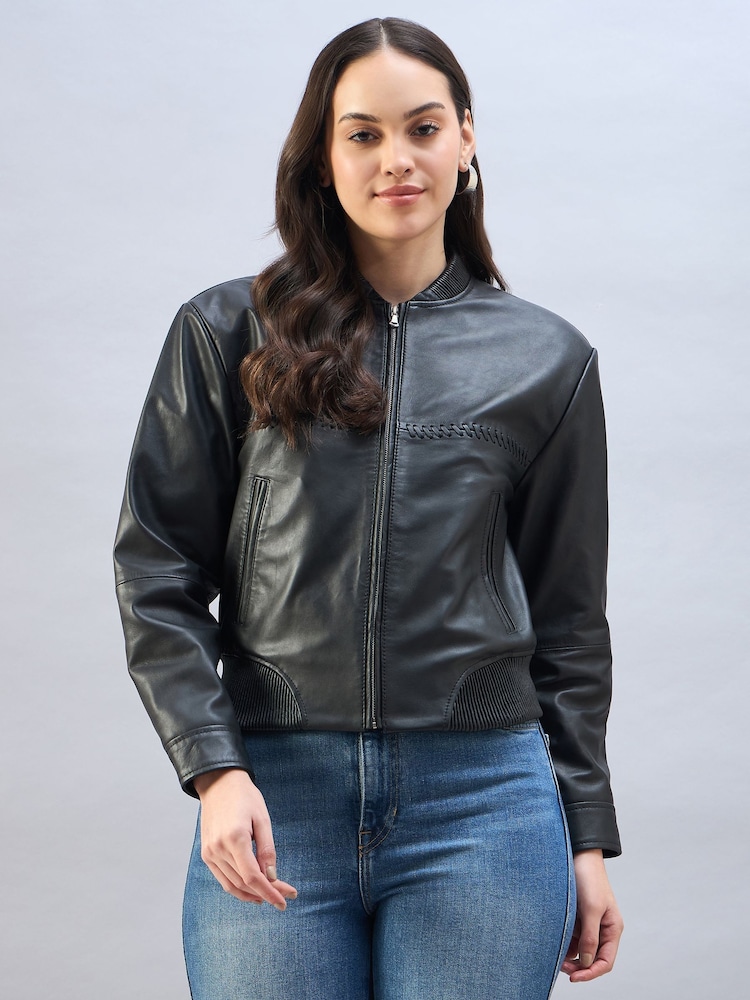 Jachetă model aviator din piele cu cusături Urban Code - Image 3 of 7