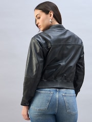 Urban Code Black Leather Bomber Jacket With Whipstitching - Image 4 of 7