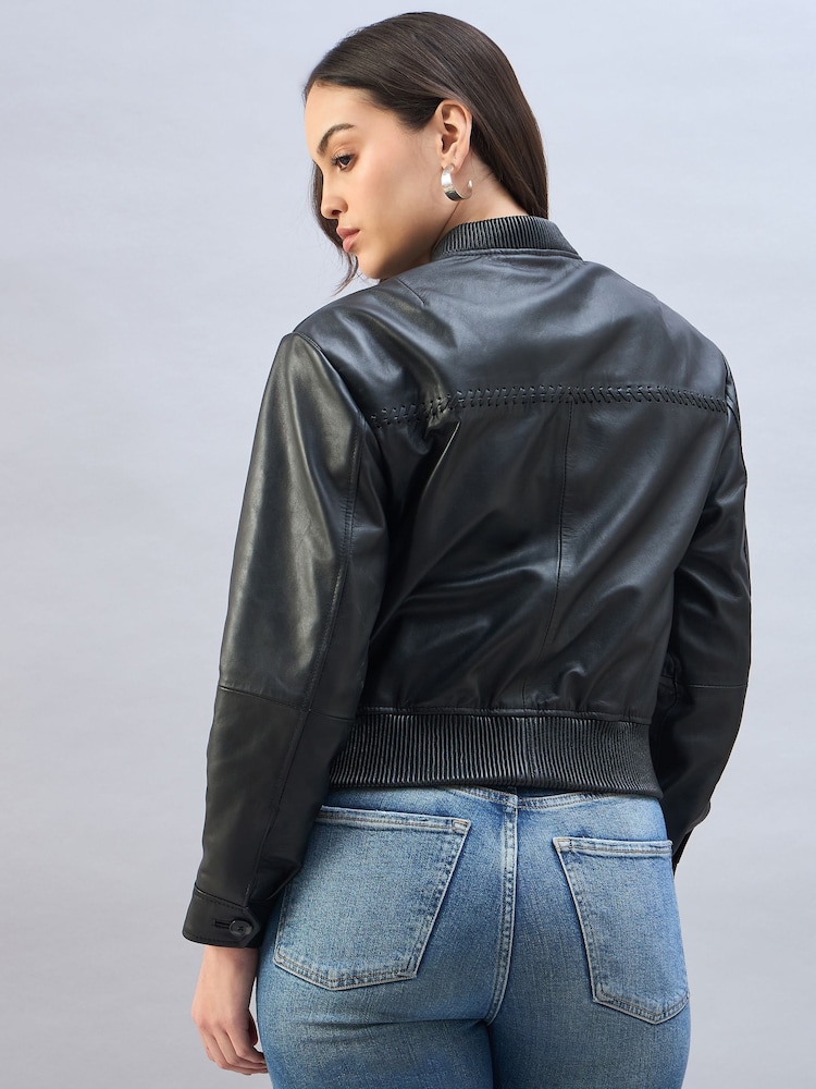 Jachetă model aviator din piele cu cusături Urban Code - Image 4 of 7