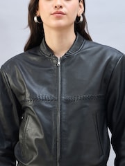 Urban Code Black Leather Bomber Jacket With Whipstitching - Image 6 of 7