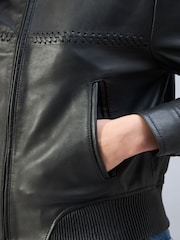 Urban Code Black Leather Bomber Jacket With Whipstitching - Image 7 of 7