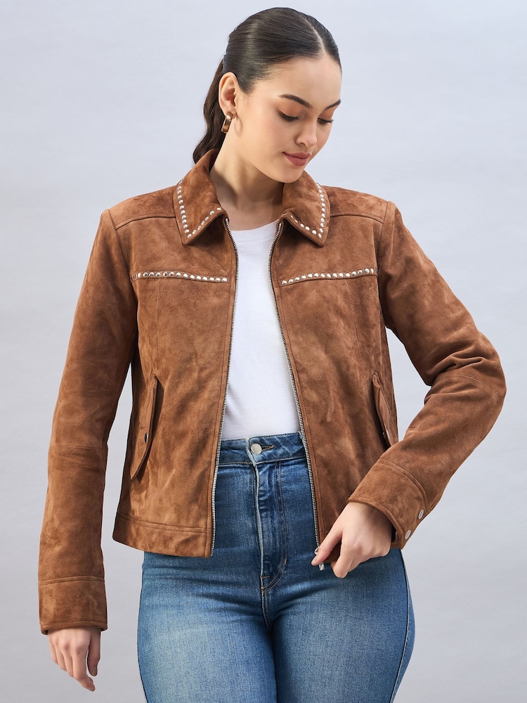 Urban Code Brown Suede Studded Harrington Jacket - Image 1 of 4