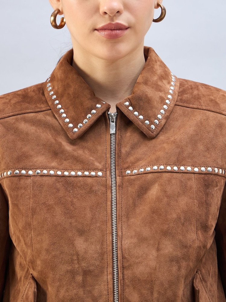 Urban Code Brown Suede Studded Harrington Jacket - Image 4 of 4