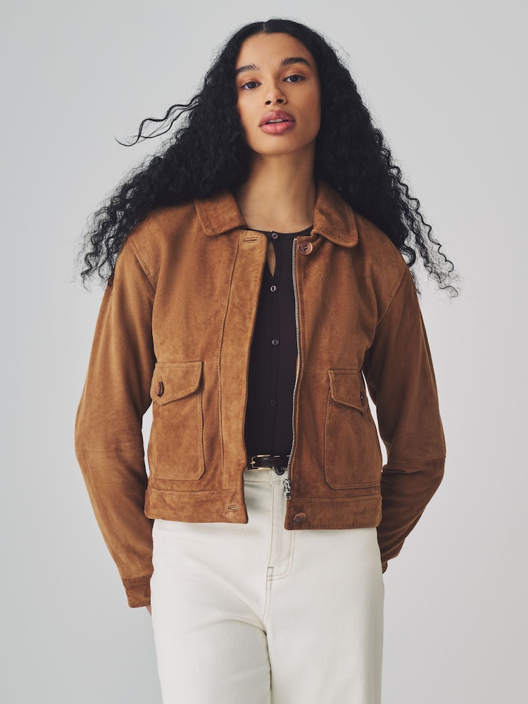 Urban Code Brown Boxy Suede Trucker Jacket - Image 1 of 6 Urban Code Brown Boxy Suede Trucker Jacket - Image 1 of 6