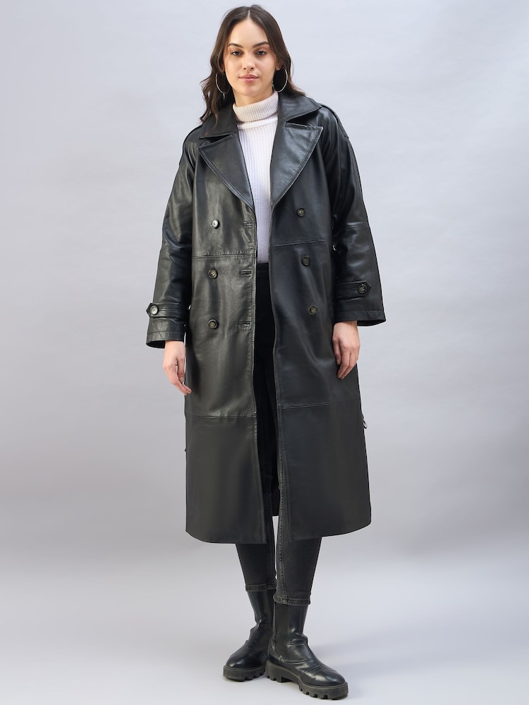 Urban Code Black Leather Maxi Trench Coat With Belt - Image 1 of 6