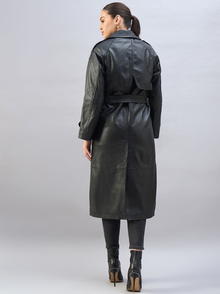 Urban Code Black Leather Maxi Trench Coat With Belt - Image 3 of 6