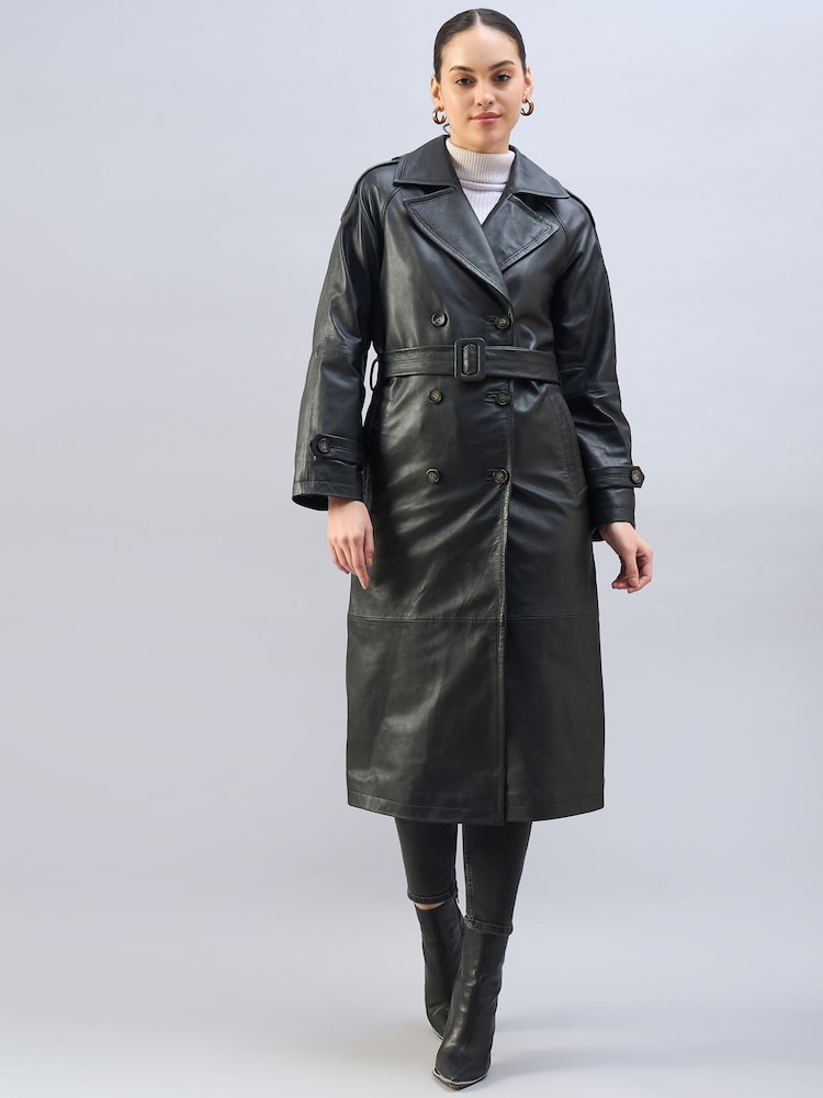 Urban Code Black Leather Maxi Trench Coat With Belt - Image 5 of 6