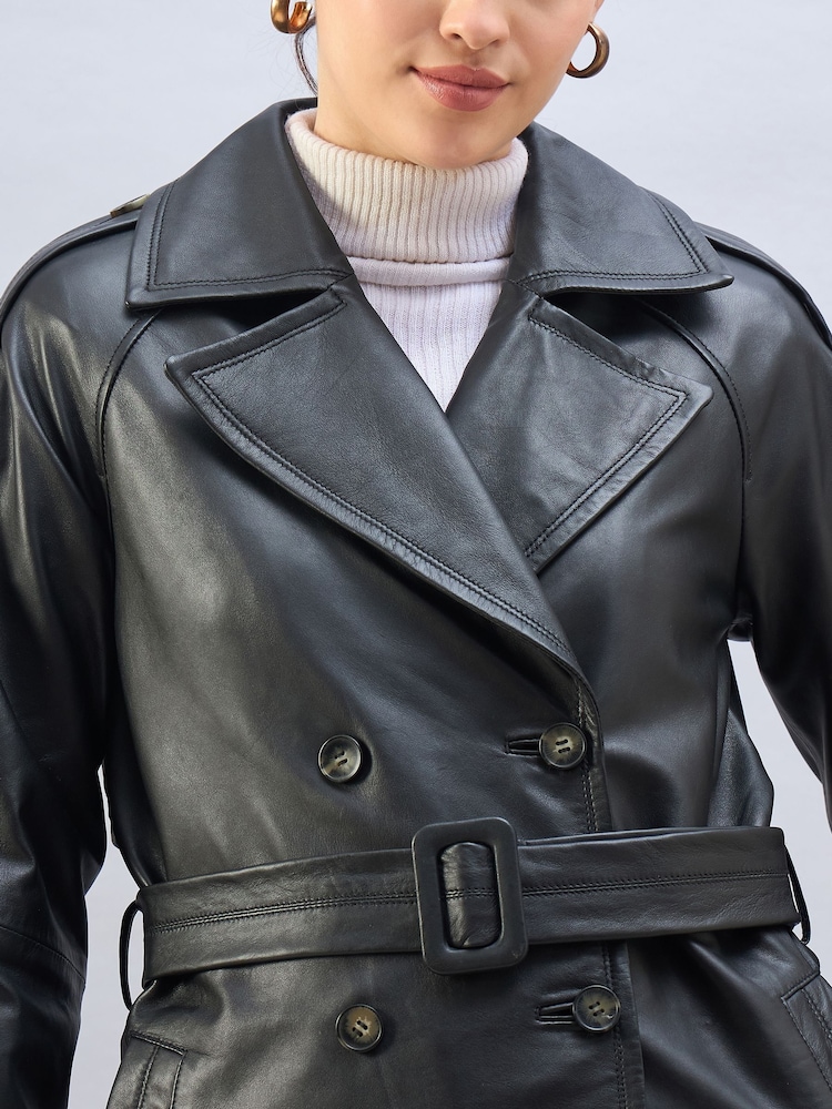 Urban Code Black Leather Maxi Trench Coat With Belt - Image 6 of 6