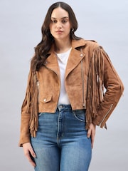 Urban Code Brown Suede Biker Jacket With Fringing Detail - Image 1 of 5
