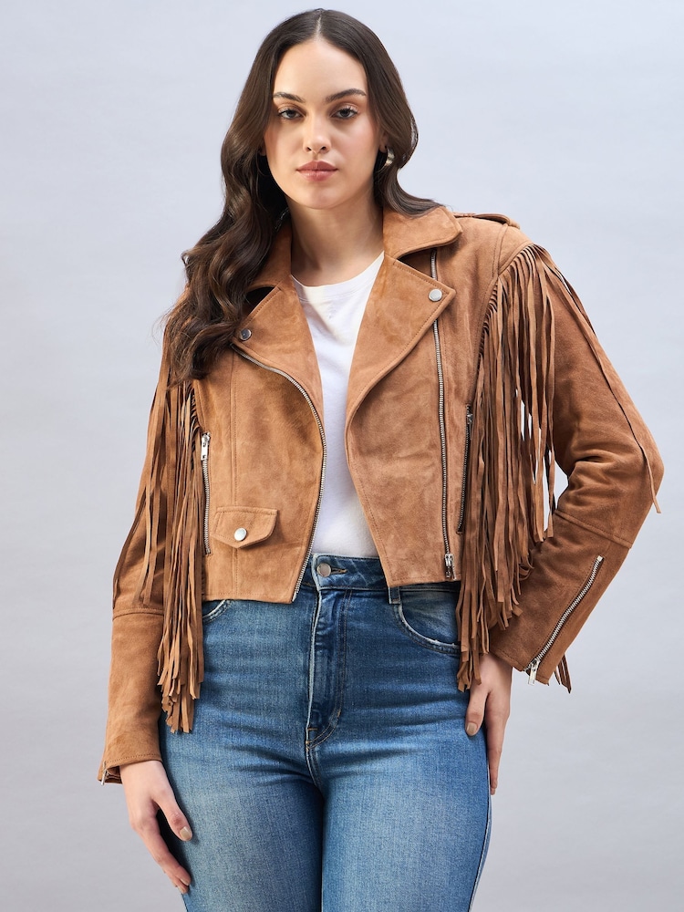 Urban Code Brown Suede Biker Jacket With Fringing Detail - Image 1 of 5