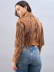 Urban Code Brown Suede Biker Jacket With Fringing Detail - Image 2 of 5