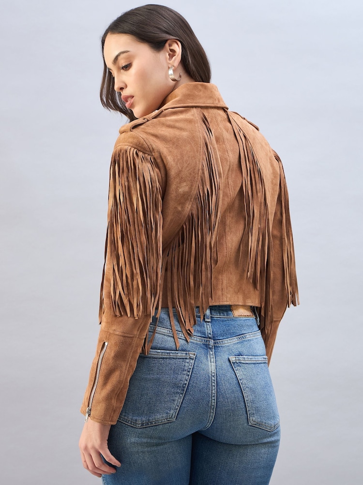 Urban Code Brown Suede Biker Jacket With Fringing Detail - Image 2 of 5