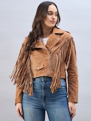 Urban Code Brown Suede Biker Jacket With Fringing Detail - Image 3 of 5