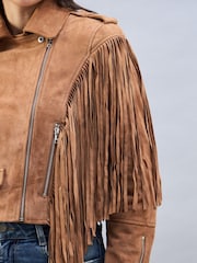 Urban Code Brown Suede Biker Jacket With Fringing Detail - Image 4 of 5