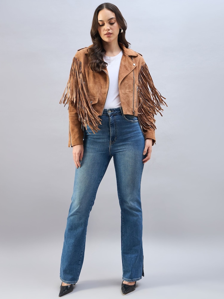 Urban Code Brown Suede Biker Jacket With Fringing Detail - Image 5 of 5