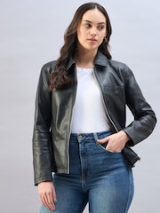 Urban Code Black Boxy Zip Trucker Leather Jacket - Image 1 of 5